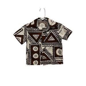 Vintage Hawaiian Aloha Shirt Tapa Kapa Bark Cloth Button Down Boys Brown Black